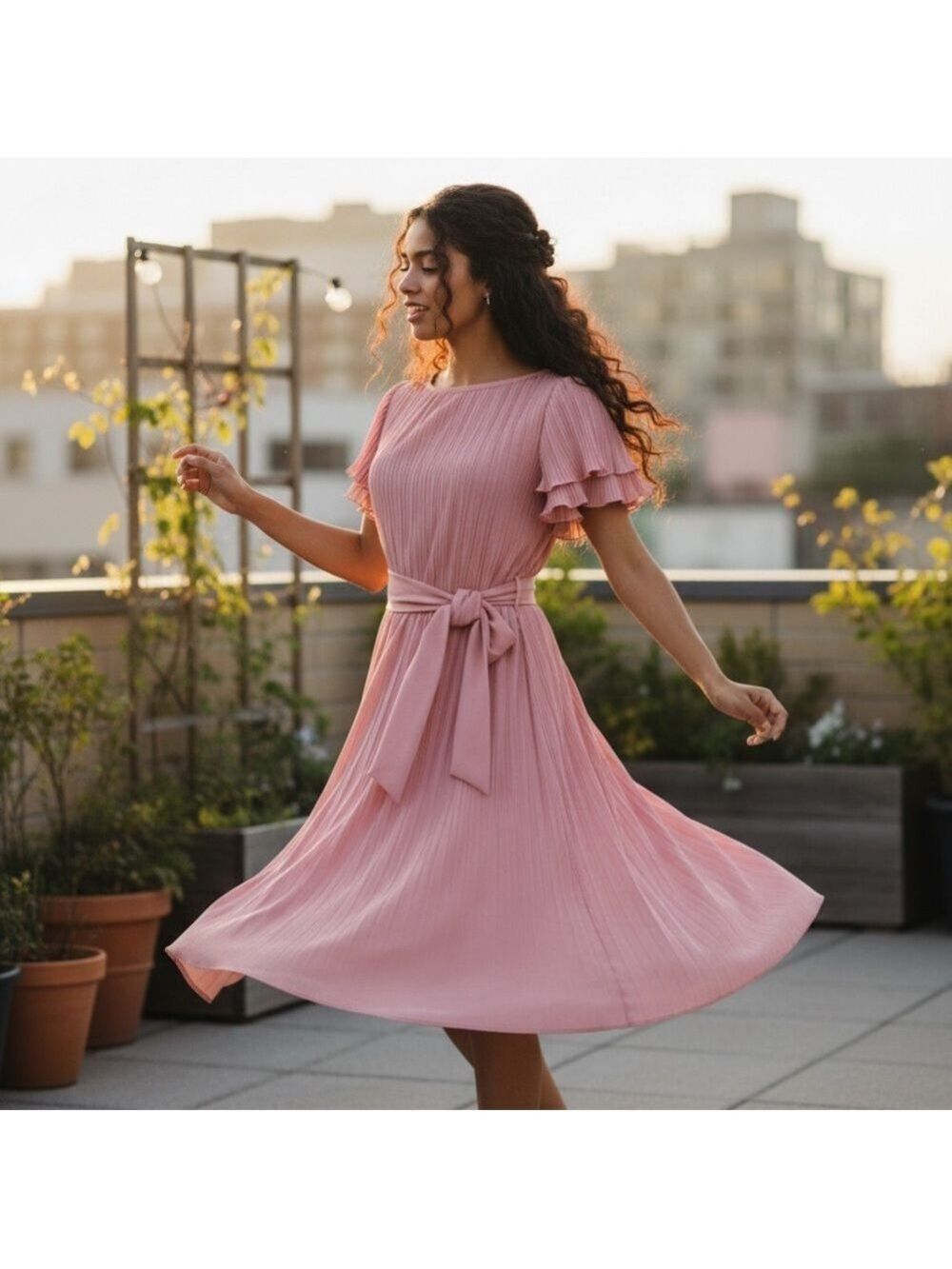 70s BOSTON MAID PINK DANCING DRESS W MICRO PLEAT BODICE & CIRCLE SKIRT SZ 8
